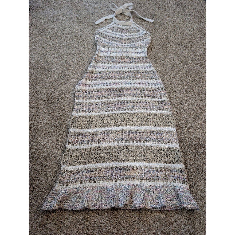 Ramy Brook Multi Color Striped Sequin Halter Knit Ruffle Hem Dress Small